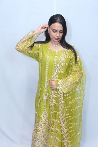 3 Pc Mehandi Green Pure Net Heavy Embroidered Side Border Suit