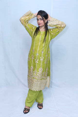 3 Pc Mehandi Green Pure Net Heavy Embroidered Side Border Suit