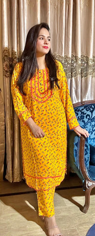 2 Pc Yellow Mustard Stone Linen Printed Lace Suit