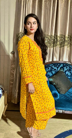 2 Pc Yellow Mustard Stone Linen Printed Lace Suit