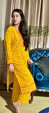 2 Pc Yellow Mustard Stone Linen Printed Lace Suit