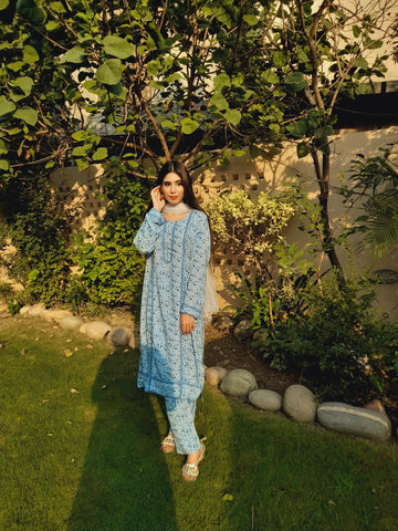 2 Pc Sky Blue Stone Linen Printed Lace Suit