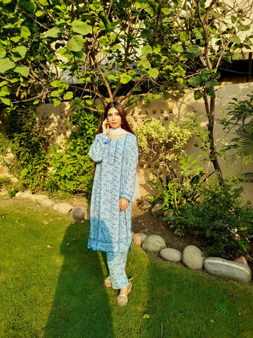 2 Pc Sky Blue Stone Linen Printed Lace Suit