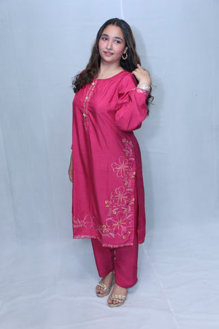 2 Pc Hot Pink Pure Viscose Embroidered Fancy Button Suit