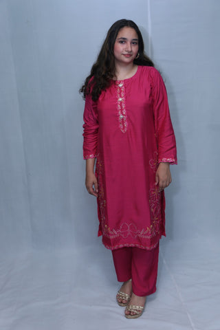 2 Pc Hot Pink Pure Viscose Embroidered Fancy Button Suit