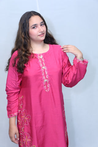 2 Pc Hot Pink Pure Viscose Embroidered Fancy Button Suit