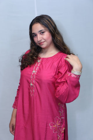 2 Pc Hot Pink Pure Viscose Embroidered Fancy Button Suit