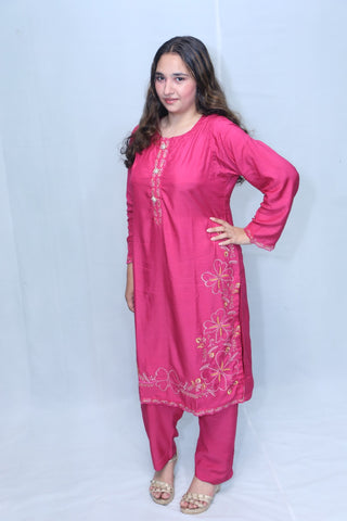 2 Pc Hot Pink Pure Viscose Embroidered Fancy Button Suit