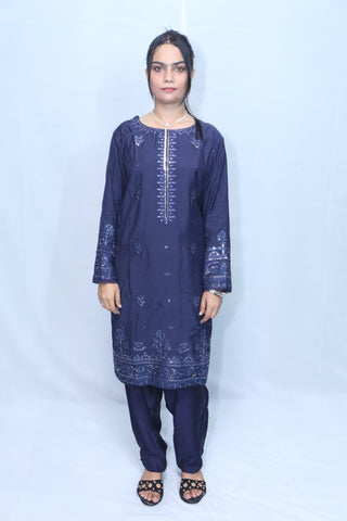 2 Pc Navy Blue Pure Viscose Embroidered Fancy Button Suit