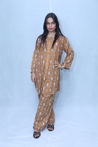 2 Pc Golden Brown Soft Linen Fully Printed Western Suit