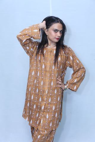 2 Pc Golden Brown Soft Linen Fully Printed Western Suit