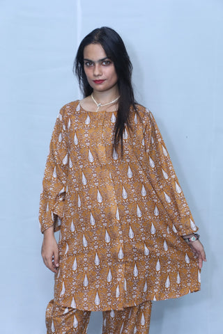 2 Pc Golden Brown Soft Linen Fully Printed Western Suit