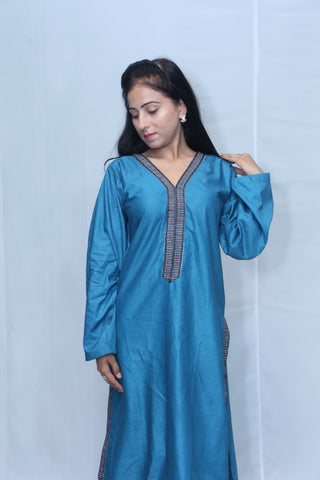 2 Pc Zinc Blue Cotton Embroidered Lace Work Suit