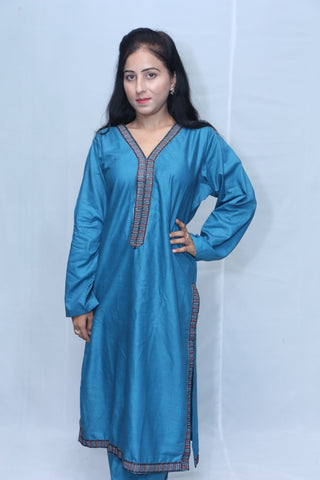 2 Pc Zinc Blue Cotton Embroidered Lace Work Suit