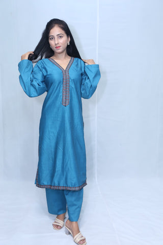 2 Pc Zinc Blue Cotton Embroidered Lace Work Suit