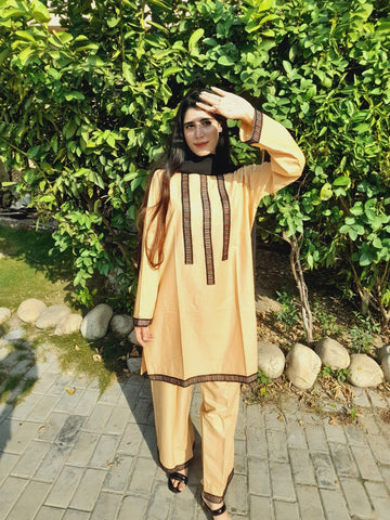 2 Pc Skin Cotton Embroidered Lace Work Suit