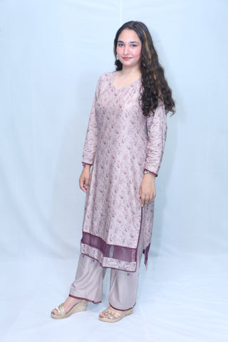 2 Pc Lavender Linen Fully Printed Lace Suit