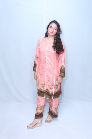 2 Pc Pink Linen Fully Printed Lace Suit