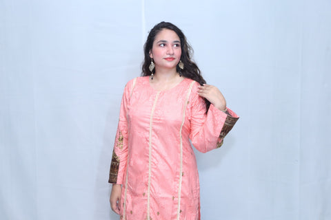 2 Pc Pink Linen Fully Printed Lace Suit