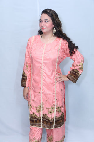 2 Pc Pink Linen Fully Printed Lace Suit