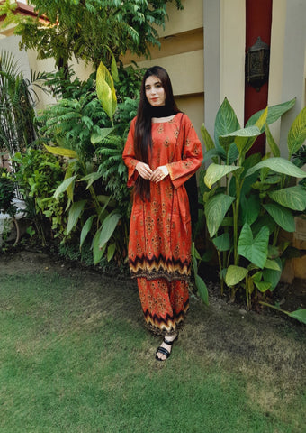 2 Pc Rust Linen Fully Printed Lace Suit