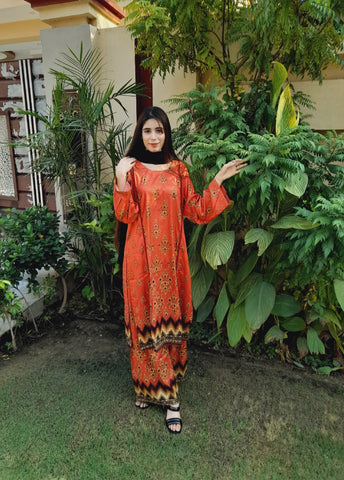 2 Pc Rust Linen Fully Printed Lace Suit