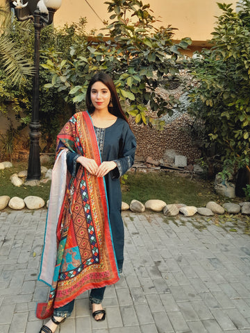 Pure Khaddar with Embroided lace, neckline, sleeves and border