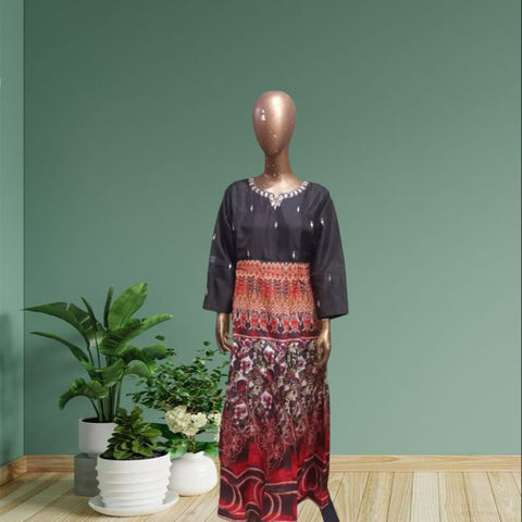 Mirror work on neckline and sleeves and body Digital print on flare 62, Length 58