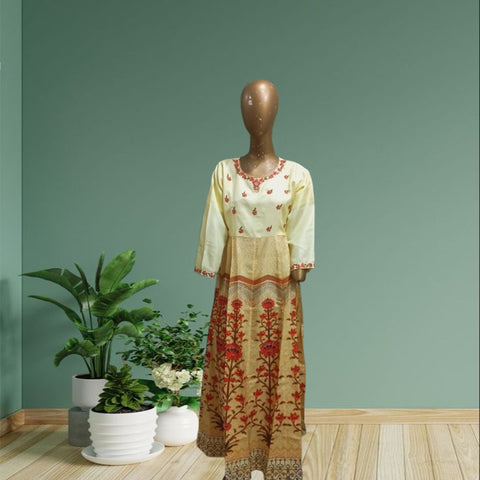 Embroidery on neckline and sleeves and body Digital print on flare 62, Length 58